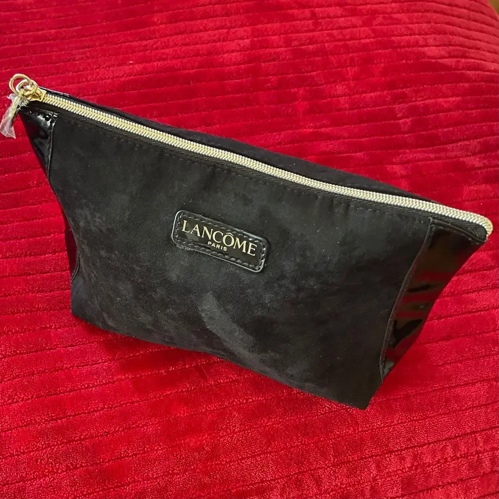 LANCOME Paris Cosmetic Makeup‎ Travel Bag Black Suede with Patent Leather NEW